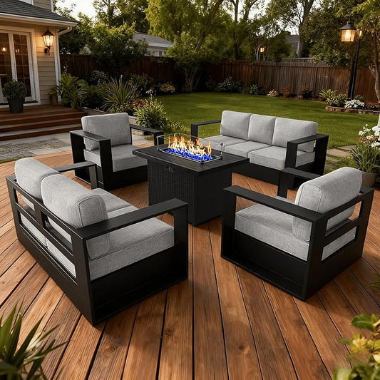 LayinSun Oversized Aluminum Outdoor Furniture Set, 5 Piece Patio Sofa Sets with Fire Pit Table, Deep Seating and Upgraded 6-inch Cushions for Porch, Balcony, Deck