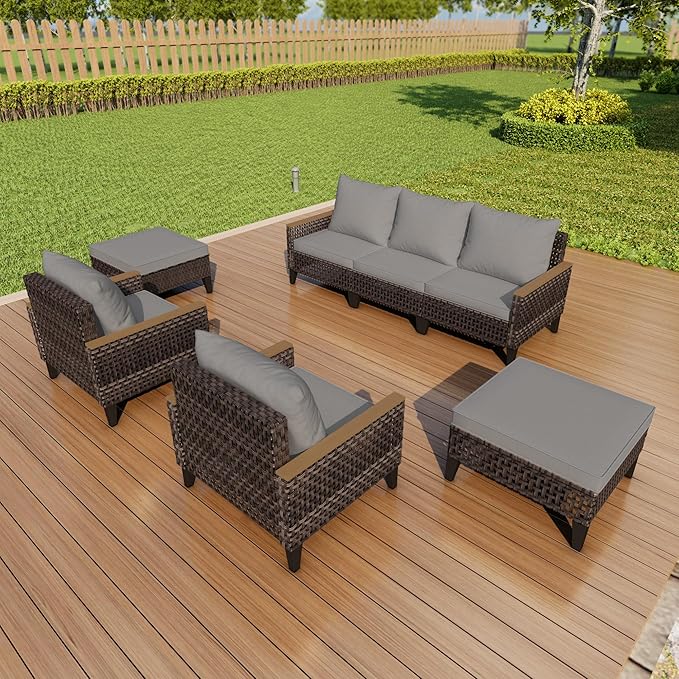 7 Pieces Patio Conversation Set, Wicker Rattan Sectional Modular Sofa Seating Set with Armchairs and Ottomans, Outdoor Furniture for Porch, Poolside, Deck, Balcony, Backyard, Yard (Gray Cushions)