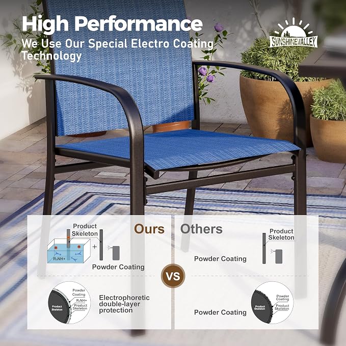 SUNSHINE VALLEY 5 Piece Patio Dining Set for 4, 37”x37” Square Table with Umbrella Hole and 4 Metal Blue Chairs, Outdoor Table and Chairs Set for Lawn Backyard and Deck