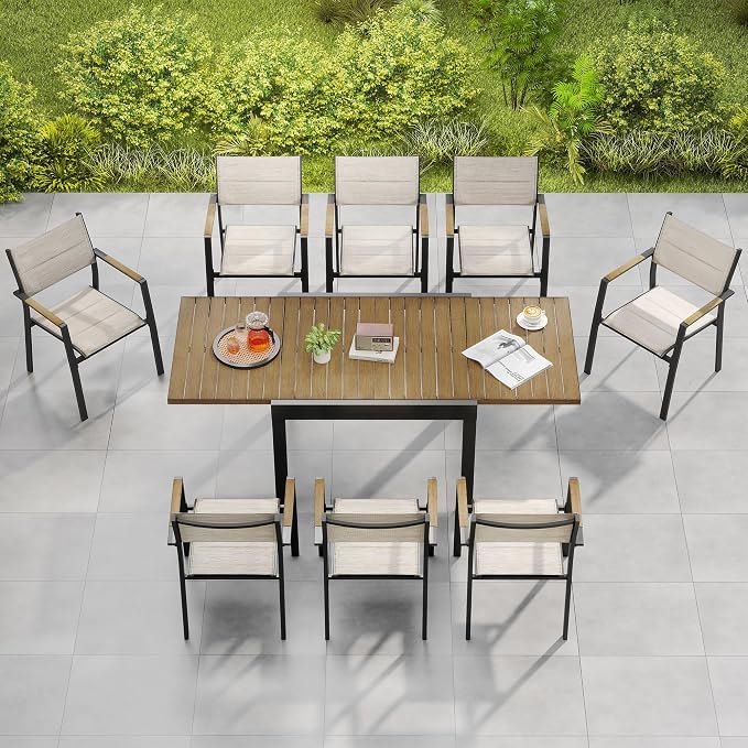 9 Piece Outdoor Dining Set, Expandable Outdoor Patio Dining Table Set for 6-8 Person, Aluminum Outdoor Table and 8 Chairs with Textilene Fabric & Armrest for Patio, Garden, Lawn, Deck(Brown)
