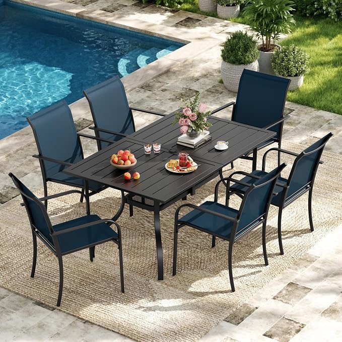 Incbruce 7 Pieces Patio Dining Set, Outdoor Dining Set of 6 Textilene Chairs and Rectangle Table with Umbrella Hole for Backyard, Garden, and Poolside (Blue)