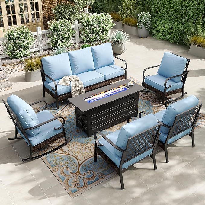 HERA'S HOUSE 6 Piece Metal Patio Furniture Set with 56" Fire Pit Table, All Weather Outdoor Conversation Set, 3 Seat Sofa, 2 Rocking Chairs, 2 Fixed Chairs, Seats 7 for Backyard, Garden, Deck, Blue