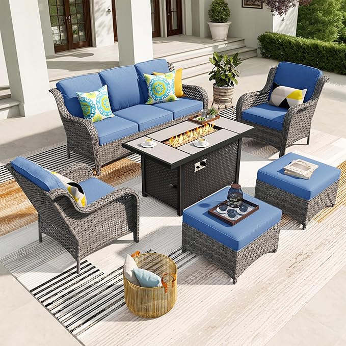 ovios 6-Pieces Patio Furniture Set with 42 Inch Fire Pit Table, Outdoor Wicker Sofa Couch Ottomans Comfy Cushions, High Back Modern Conversation Set, Grey Rattan, Denim Blue