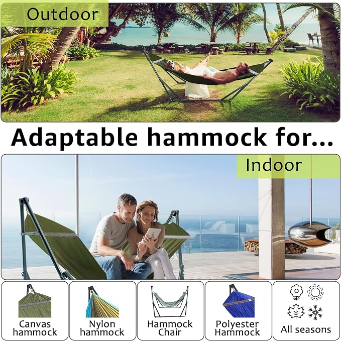 Tranquillo Sturdy Steel Hammock with Stand Premium Cotton Canvas Hammock, 600 lbs Capacity Hammock Stand Folding, Portable 30-Second Fold Unfold Hammock for Camping, Sage