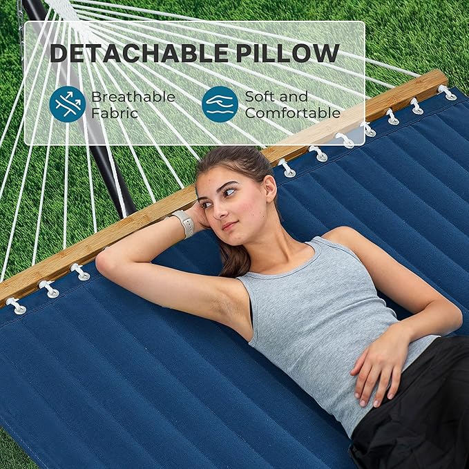 SUPERJARE Hammock with Stand, 2 Person Quilted Outdoor Hammock, Detachable Pillow & Bamboo Spreaders, Portable Hammock with Carrying Bag, Heavy Duty Stand, Perfect for Outside, Patio, Navy Blue