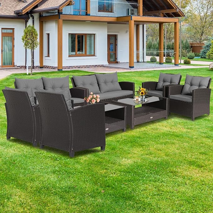 Tangkula 8-Piece Outdoor Rattan Furniture Set, PE Rattan Wicker Sectional Sofa with Loveseat Chair & Glass Table, Patio Cushioned Conversation Sets for Backyard Porch Garden Poolside (2, Gray)