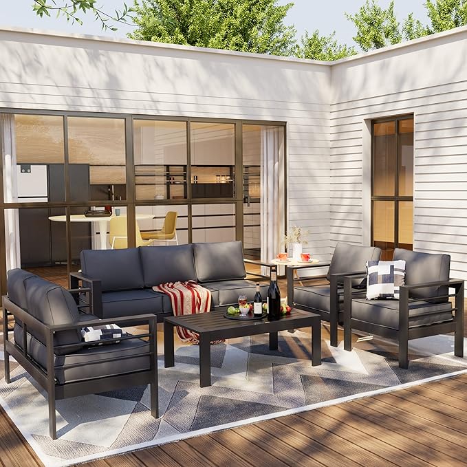 Amopatio Aluminum Patio Furniture Set, 8 Pieces Modern Patio Conversation Sets, Outdoor Sectional Metal Sofa with Coffee Table for Balcony, Garden, Dark Grey (Included Waterproof Covers)