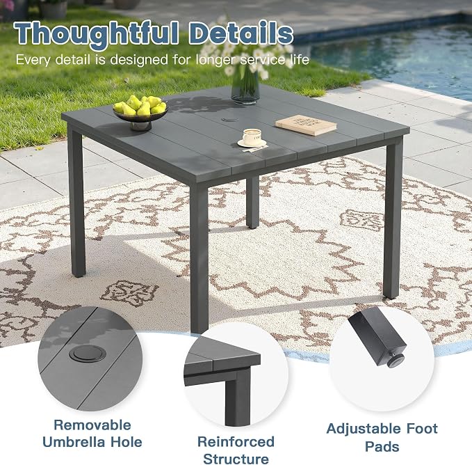 DIFY 5 Pieces Outdoor Dining Set, Metal Patio Table and Chairs Set for 4, 40.2" Square Dining Table with Umbrella Hole & Wicker Swivel Patio Chairs with Cushions, Grey Tabletop