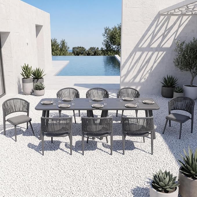 10-Pcs Aluminum Outdoor Dining Set, All-Weather Rattan Patio Furniture Set Include Two 51.2" Rectangular Tables & 8 PE Wicker Chairs with Waterproof Cushions for Big Family Dinner & Entertaining, Grey