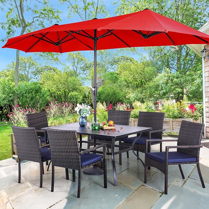 PHI VILLA 7pc Patio Dining Set with Red Umbrella, 6 Rattan Chairs | PE Rattan Chairs with Cushion, 13ft Large Red Umbrella, Powder-coated, for Deck, Yard, Porch