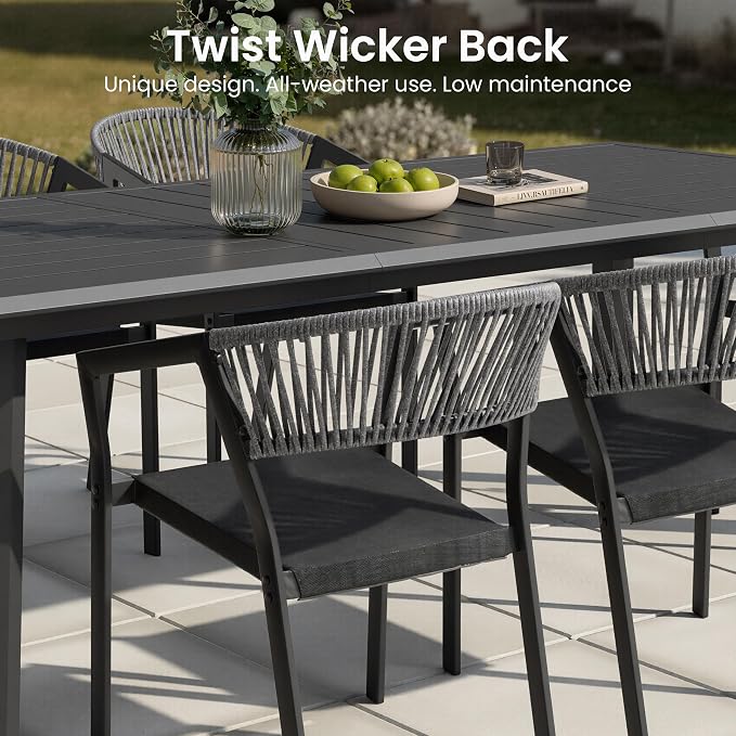 11-Piece Aluminum Patio Dining Set with Stackable Wicker Chairs | 94" Rectangular Outdoor Dining Table and Grey Barrel Chairs Weather Resistant Furniture for Backyard, Deck, Poolside