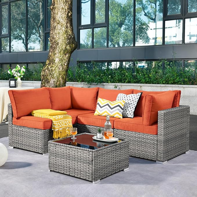ovios Outdoor 5 Piece Coversation Set with Coffee Table,Sectional Patio Furniture Set with All-Weather Wicker Sofa,Modern Outside Couch for Balcony Backyard Pool, Orange