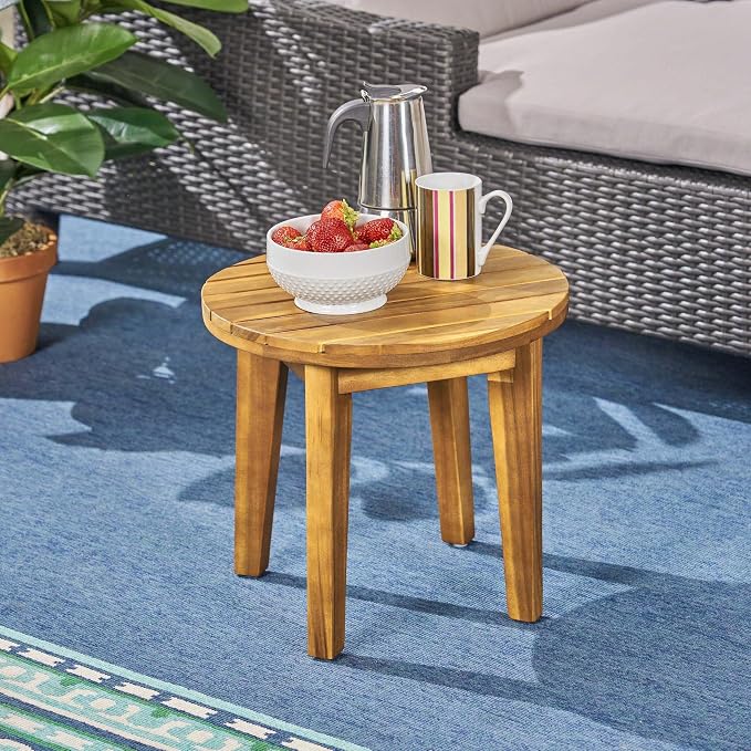 16” Small Outdoor Side Tables with Slatted Top, Round Outdoor Table, Wood Side Table, Small Patio Side Table for Patio, Balcony, Garden & Backyard, Teak Finish (Teak)