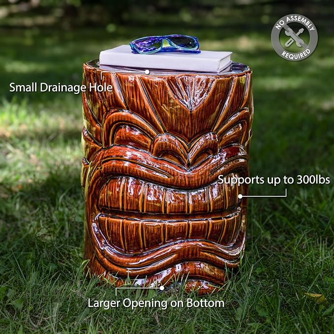 Sunnydaze Tropical Tiki Head Ceramic Garden Stool Side Table with Wood-Look Finish - Indoor or Outdoor Use - 17.25-Inch H