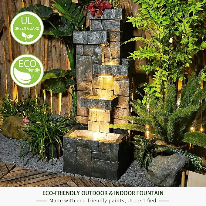 Bumilgar Garden Fountains Outdoor Water Fountain - 44.5 Inches 4 Tired Modern Indoor Floor Standing Outdoor Fountain with Lights Pump for Garden Patio Backyard Porch Home Art Decor, Dark Gray
