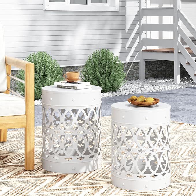 Set of 2 Round Metal Patio Side Tables Steel Accent End Tables with Geometric Circle Cut-Outs Weather Resistant Small Outdoor Furniture for Deck Pool Yard Balcony No Assembly,White
