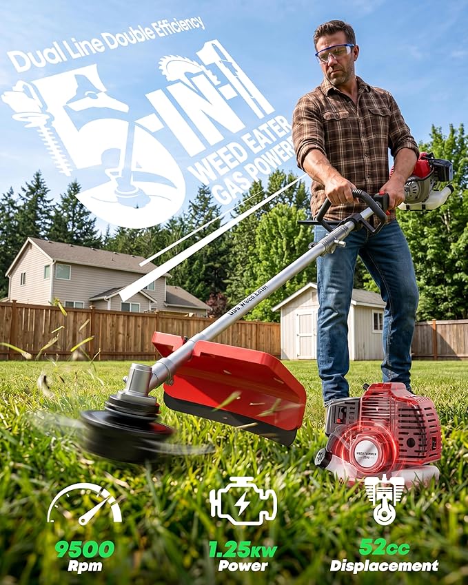 5-in-1 Gas Powered Weed Wacker - 52cc 2-Cycle String Trimmer, Brush Cutter, Pole Saw & Hedge Trimmer Multi-Tool with Extension Pole - Heavy Duty Gas Weed Eater for Professional Yard Care(G455)
