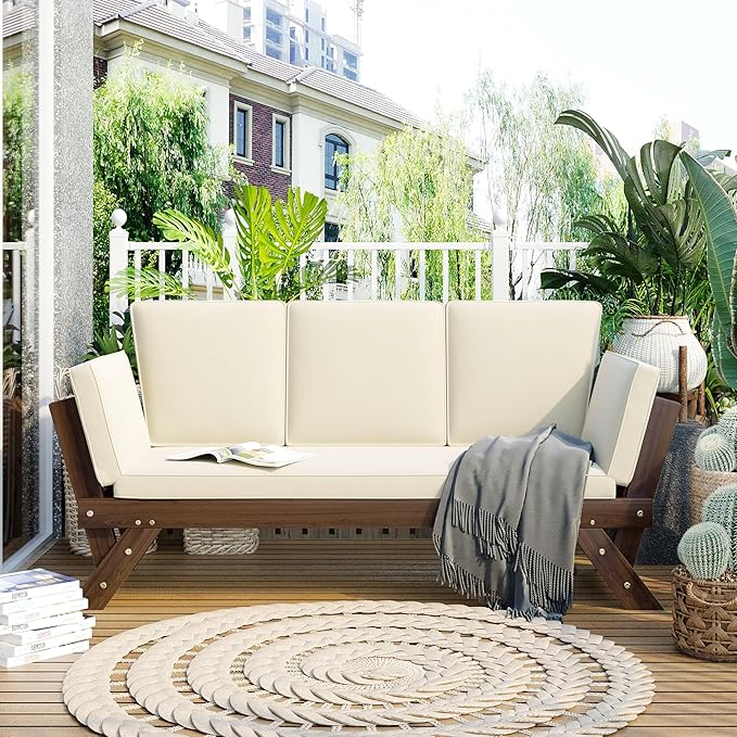 Outdoor Patio Furniture Sets, Adjustable Wooden Daybed Sofa Chaise Lounge, Acacia Wood Couch Sofa Bed with Cushions for Small Places Patio Balcony Poolside Backyard (Brown Finish+Beige cushion 6)