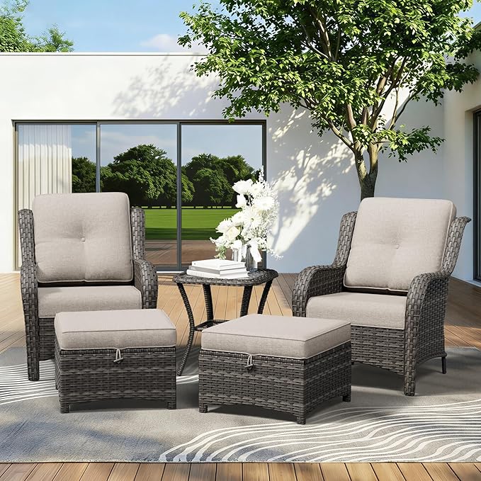 5 Piece Outdoor Wicker Patio Furniture Set, Patio Chairs Set with Thickened Olefin Cushions, High Back and Deep Seating, Hand-Woven PE Rattan, Ottoman for Porch, Deck