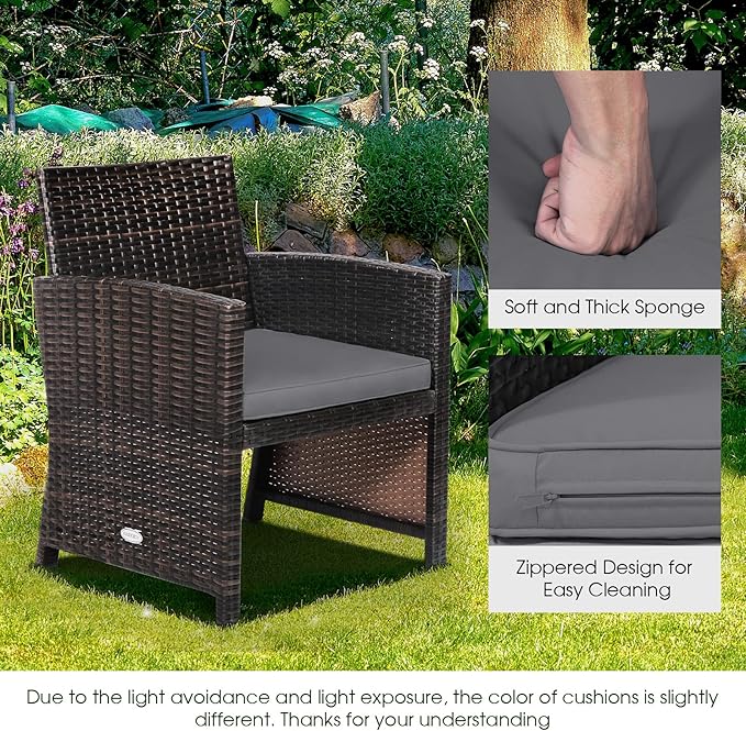 Tangkula 3 Pieces Outdoor Wicker Conversation Set with Waterproof Cover, 2 Patio PE Rattan Cushioned Chairs with Side Storage Table, Suitable for Front Porch, Balcony, Garden, Poolside and Yard (Grey)