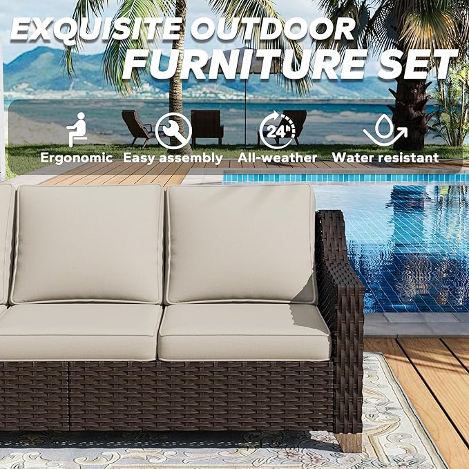 77'' Patio Sofa, All Weather Outdoor Rattan Wicker 3-Seat Sofa High Back Couch with Premium Cushions for Garden Backyard Porch(Brown/Beige)