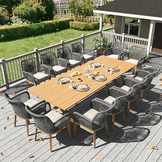 LayinSun Outdoor Dining Set for 12, 13 Pieces Patio Furniture Sets with Aluminum Dining Table and Rope Weave Chairs