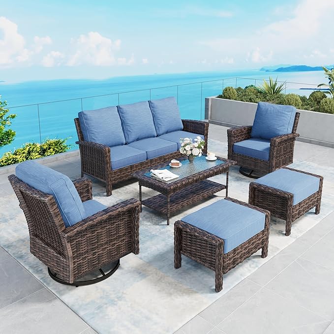 6 Piece Patio Furniture Set with Swivel Chairs, High Back Wicker Rattan Sofa with Extra Thick Cushion, Coffee Table and Ottoman, Outdoor Conversation Set for Backyard Deck, Blue