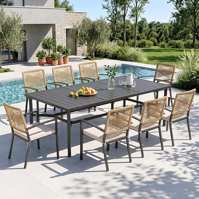 Sophia & William 9pc Patio Dining Set, 82" Rectangular Table, Wicker Chairs | Outdoor Dining Set for 8, 82" Rectangular Patio Dining Table Set with Patio Wicker Chairs for Garden, Porch, Deck
