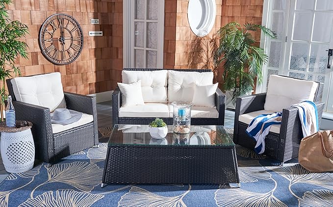 SAFAVIEH Outdoor Collection Lorma Black/Beige Wicker 4-Piece Conversation Patio Set