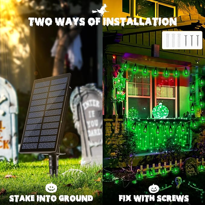 iBaycon 42FT 15 LED Solar Flame Halloween String Lights Outdoor, Green | Ultra-Real Flickering Flame Lamp Outdoor Waterproof, Solar Patio String Lights for Garden Yard Lawn Halloween Decorations