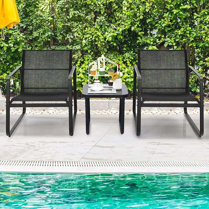 Tangkula 3 Pieces Outdoor Conversation Set, Patiojoy All-Weather Patio Furniture Set with Breathable Fabric and Steel Frame, Bistro Chat Set for Porch, Garden, Backyard (Black)