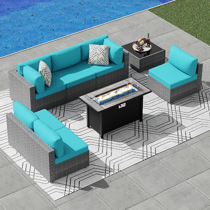 JAMFLY 8 Piece Outdoor Patio Furniture Set with Propane Fire Pit Table, All-Weather PE Wicker Rattan Sectional Sofa Set with Thick Cushions for Backyard, Garden, Poolside(Blue, Silver)