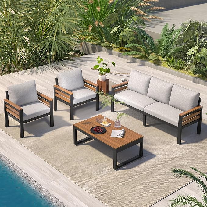 4-Piece Patio Set, Outdoor Furniture Sofa Set for 5 People with Acacia Wood Armrests, Conversation Set with Solid Wood Coffee Table, 2 Single Chairs, 3-Seater Sofa for Garden and Backyard (Beige/453)