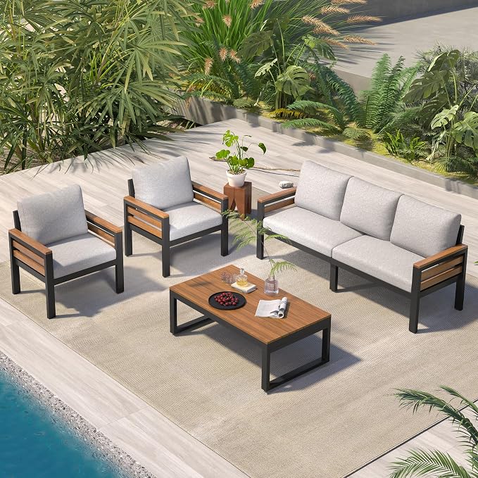 KLMM 4-Piece Outdoor Sofa Set for 5 People with Acacia Wood Armrests, Patio Conversation Set with Removable Cushion and Solid Wood Coffee Table,for Garden Backyard (Beige#g)
