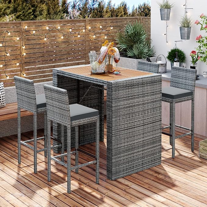 5-Pieces Outdoor Patio Wicker Bar Set, Bar Height Chairs with Non-Slip Feet and Fixed Rope, Removable Cushion, Acacia Wood Table Top, Brown Wood and Gray Wicker