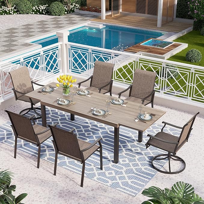 PHI VILLA Patio Dining Table and Chairs, 2 Swivel & 4 Stable Patio Dining Chairs, Exdentable Dining Table with Wooden Like Table Top,Sturdy Metal Frame and Textilene Quick-Dry Fabric