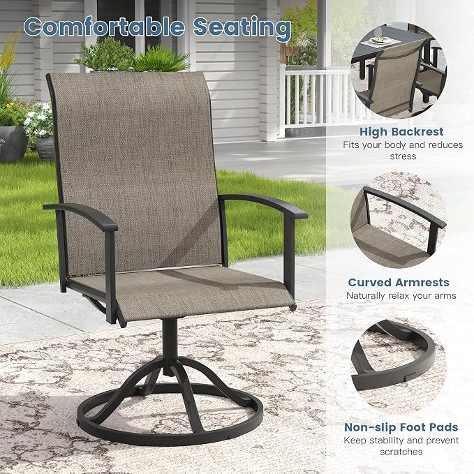 DIFY 9 Pieces Outdoor Dining Set for 8, 60" Black Round Metal Table with Umbrella Hole and Brown Textilene Swivel Patio Chairs, Patio Table and Chairs Set for Garden, Backyard, Poolside