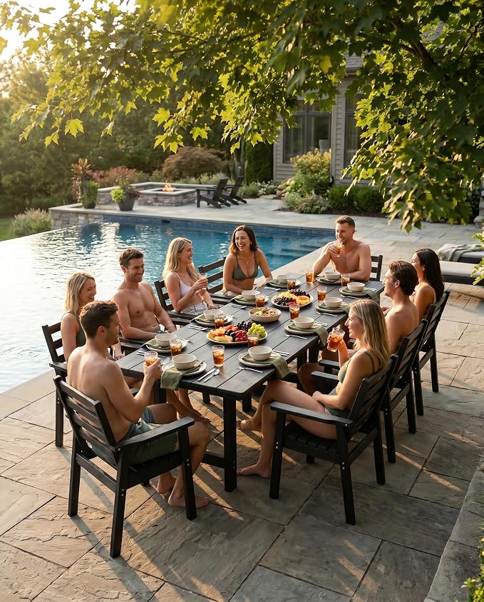 10 Piece HDPE Outdoor Dining Set for 8, Patio Dining Furniture Set with 2” Umbrella Hole, Weather Resistant Outdoor Table and Chairs for Garden, Poolside, Backyard, Deck