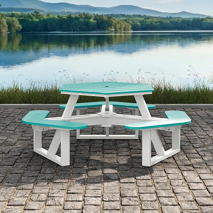 Shoreline Made in USA Hexagon Picnic Table, Seating for 6, White with Seaglass Blue