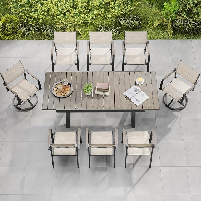 Outdoor Dining Set, 9 Piece Expandable Dining Table and Patio Swivel Chairs Set, Aluminum Patio Furniture Set for Table with Umbrella Hole and 8 Chairs for Patio, Garden, Lawn, Deck(Grey)