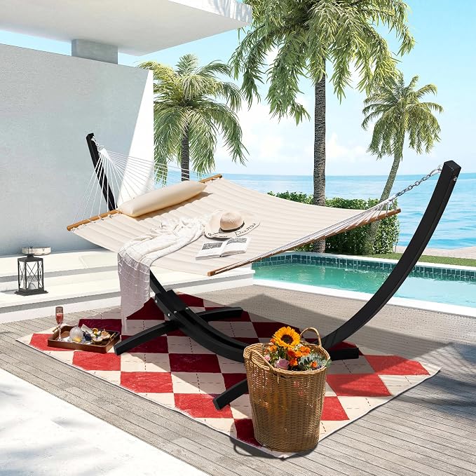 Lazy Daze Hammocks Outside Quilted Hammock with 13 FT Curved Steel Heavy Duty Stand and Pillow for Outdoor, Backyard, Patio, 450 Lbs Capacity, Cream