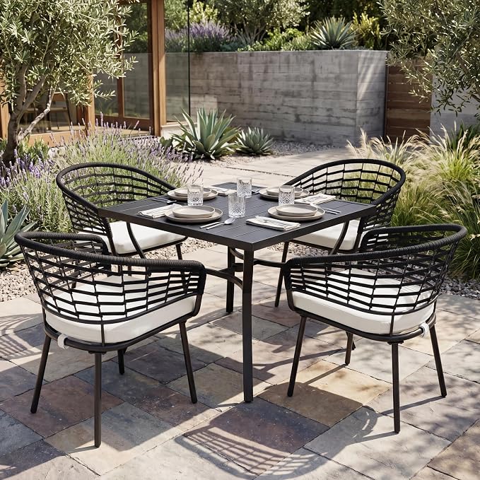 NUU GARDEN 5-Piece Patio Dining Set, 4 Woven Rope Chairs with Beige Cushions, Square Table with Slatted Tabletop and Umbrella Hole, Patio Table and Chair Set for Garden and Poolside, Black