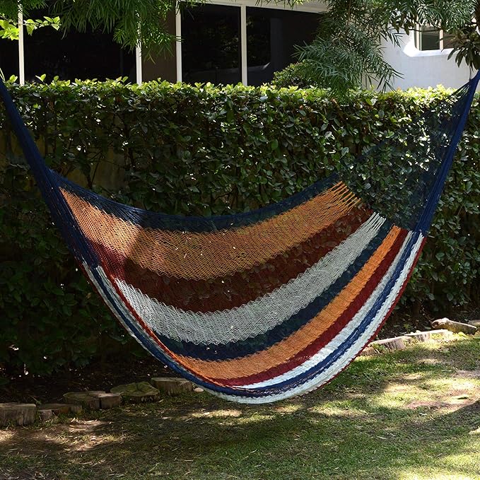 NOVICA Blue Yellow White Striped Hand Woven Nylon Mayan 1 Person Rope Hammock with Hanging Accessories, 'Durango' (Single)