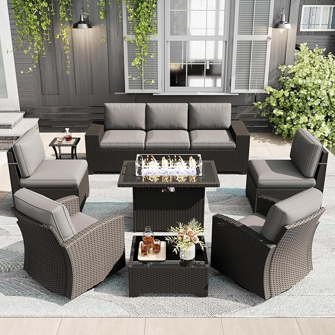 LayinSun 10 Pieces Patio Furniture Set with Fire Pit Table, Black Rattan Modular Sectional Outdoor Conversation Sofa Set, Swivel Rocking Chairs Set