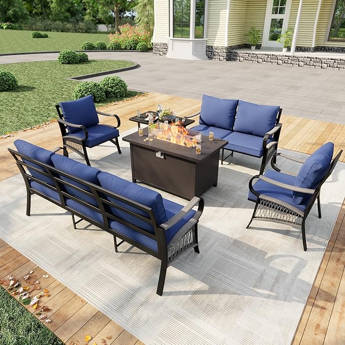 6 Pieces Modern Patio Furniture Set, All Weather Metal Outdoor Conversation Sets with Fire Pit Table for Backyard Garden Deck Porch Poolside, Blue