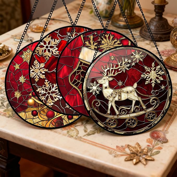 DASTOLL Stained Glass Window Hanging 4 Pcs Set Red Christmas Elk Snowflakes Large 15" - Deer Suncatcher Door Garden Sun Catcher Decor Birthday for Mom Woman Nana Men Friend