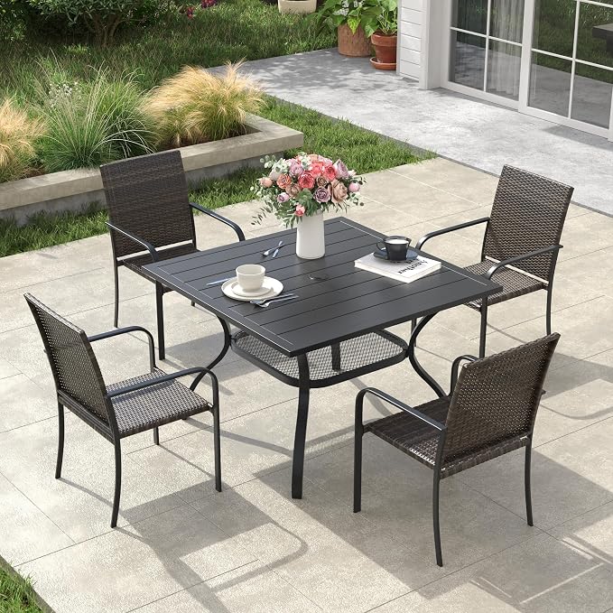 VICLLAX 5 Pieces Patio Dining Set, 4 Stakable Wicker Outdoor Chairs and Patio Square Metal Table with Umbrella Hole for Backyard Lawn Deck, Black Tabletop