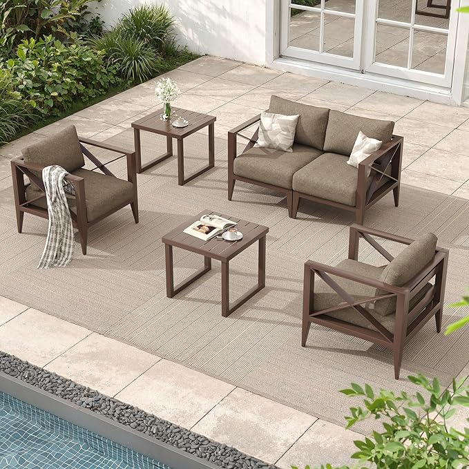MBY 6-Piece Oversized Aluminum Patio Furniture Set–Brown Outdoor Conversation Sofa Set with Coffee Table, Deep Seating, Rust-Proof, All-Weather for Backyard, Deck, Balcony
