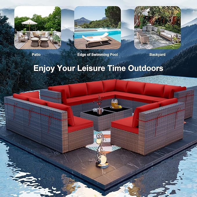 ALAULM 14 Pieces Patio Furniture Set Wicker Patio Conversation Set, Outdoor Sectional Furniture w/Coffee Table & Washable Seat Cushions-Red