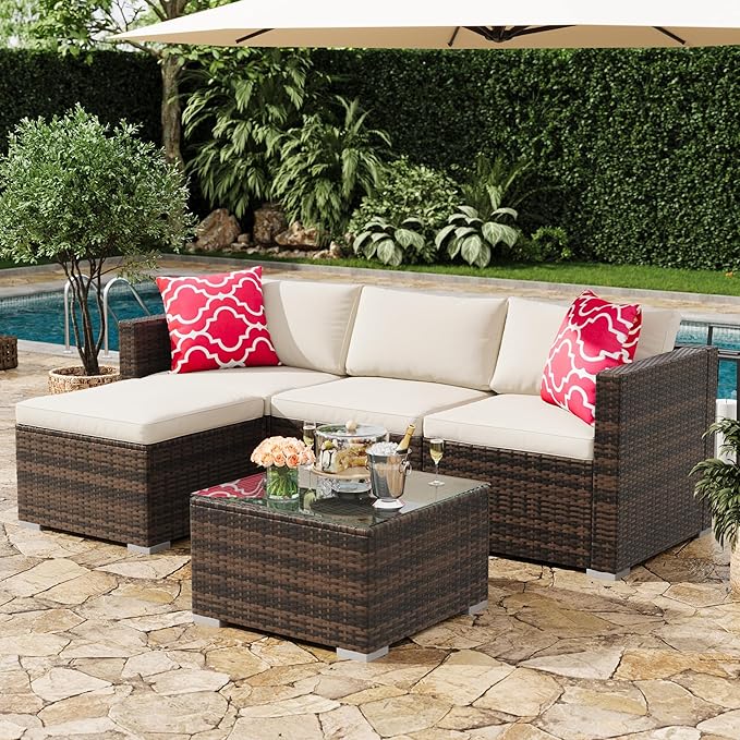 5-Piece Outdoor Sectional Sofa Set, All-Weather PE Rattan Patio Furniture with Ottoman & Tempered Glass Table, Convertible Garden Couch for Backyard, Porch, Poolside (Brown/Beige)
